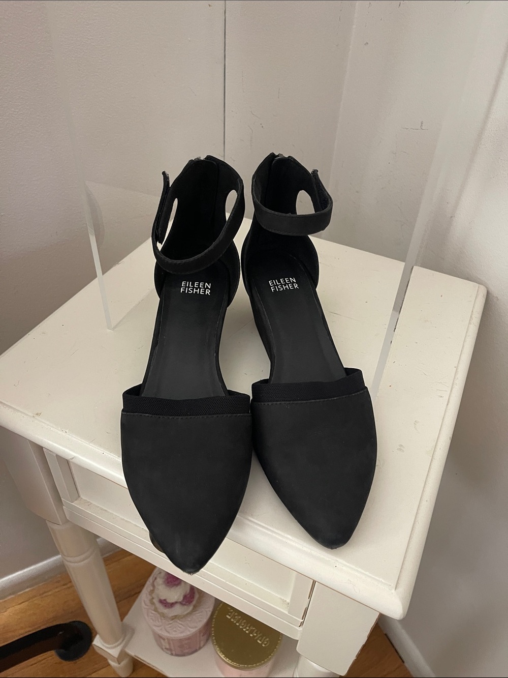Eileen Fisher Black Pointed Ankle-Strap Heels with Closed Toe